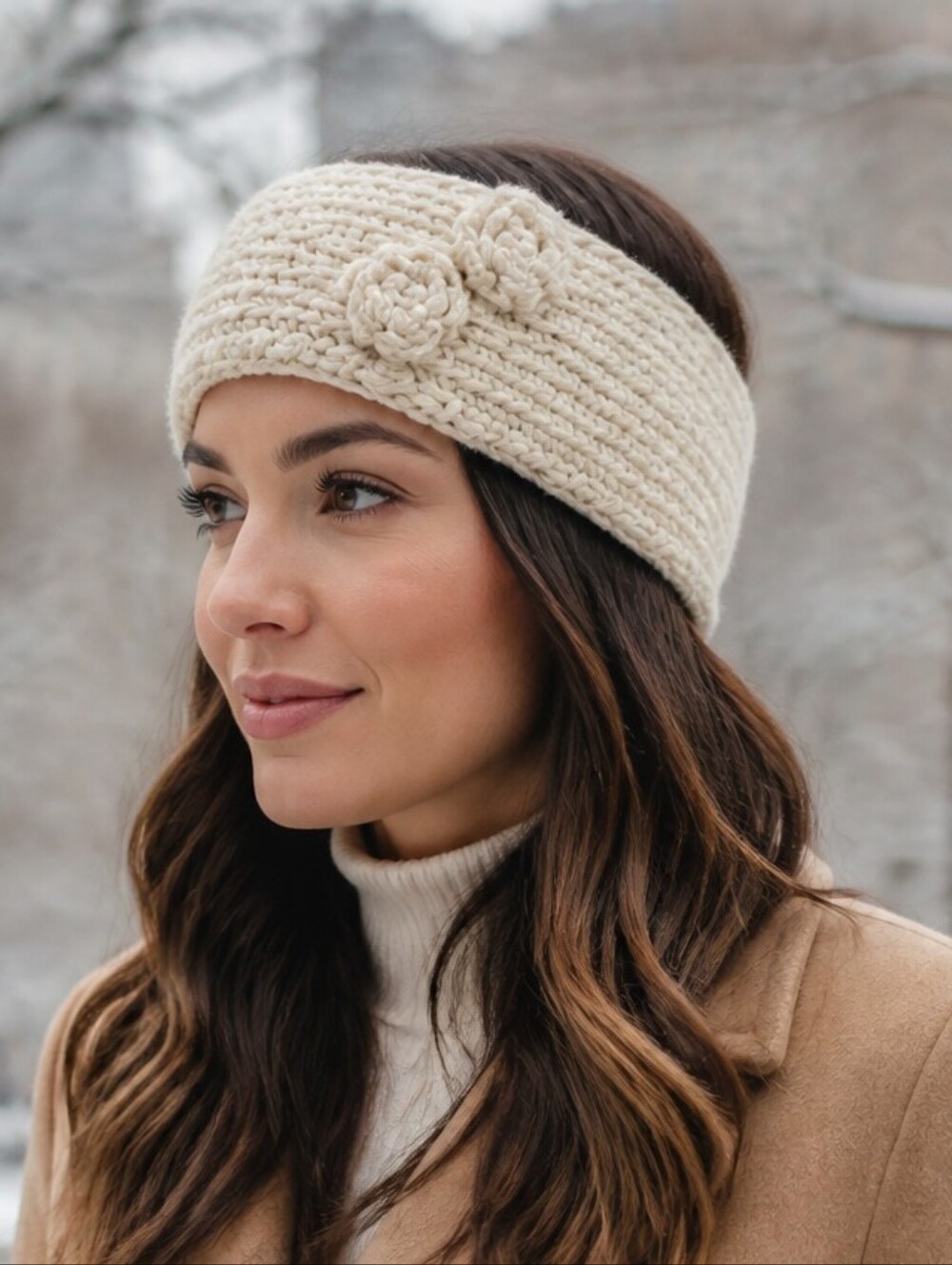 Rue21 Ivory Knit Headband Womens Crochet Flower Ear Warmer Metallic Winter Cozy